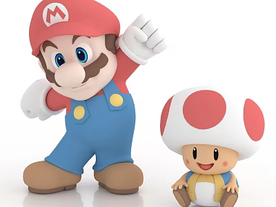 Mario Character With Red Hat And Blue Overalls Waving Beside Sitting Mushroom Friend 3d model