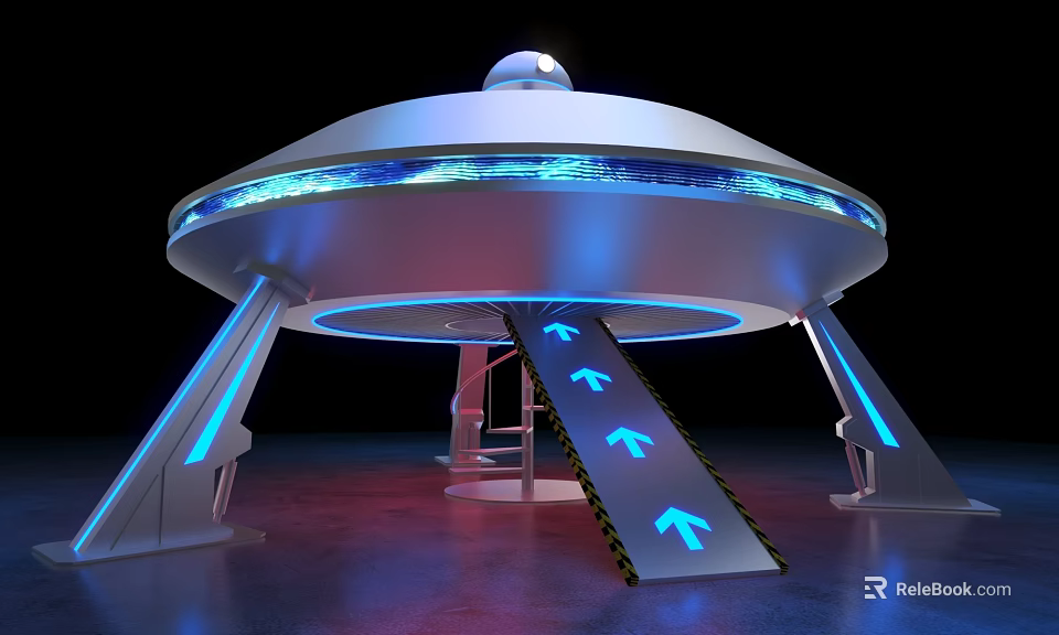 Futuristic UFO Shaped Craft With Blue Illuminated Rings And Ramp Arrows Design 3d model 