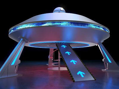 Futuristic UFO Shaped Craft With Blue Illuminated Rings And Ramp Arrows Design 3d model