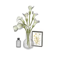 Decorative Ornament Set Featuring Glass Vase White Calla Lilies Framed Dried Flowers And Perfume Bottle