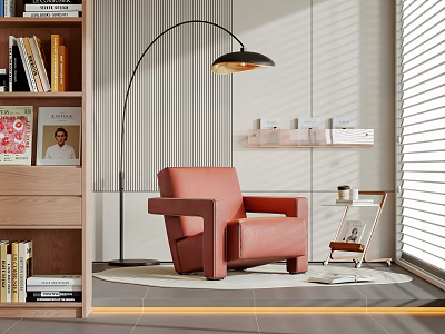 Modern Terracotta Armchair In Living Room With Arched Floor Lamp Wooden Bookshelf And Striped Wall 3d model