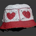 Stylish Red and White Crocheted Bucket Hat with Red Heart Patterns 3d model