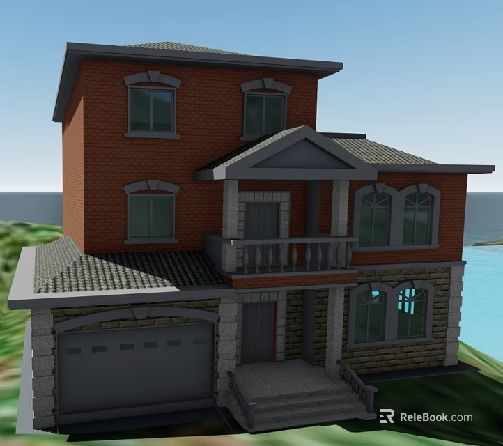 Two Story Detached Villa With Red Brick Exterior Gray Roof And Water View 3d model 