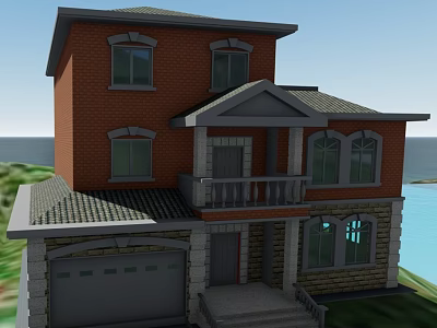 Two Story Detached Villa With Red Brick Exterior Gray Roof And Water View 3d model