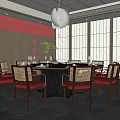 Elegant Private Dining Room With Round Table Red Chairs Pendant Light And Large Windows 3d model