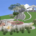 Modern Architectural Structure With Unique Curved Roof Grey Walls Glass Panels And Green Lawn