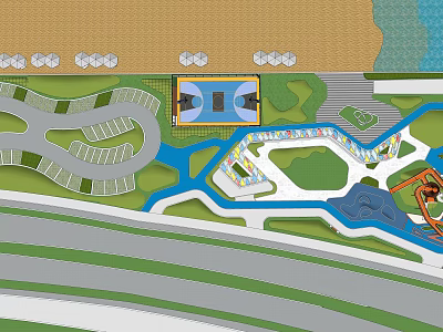Recreational Area Layout With Parking Lot Blue Water Features Green Lawns And Winding Paths 3d model