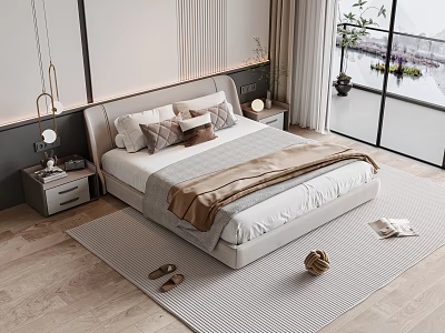 Double Bed Interior Design With Bedside Tables Pendant Lights Large Windows Wooden Floor And Rug 3d model