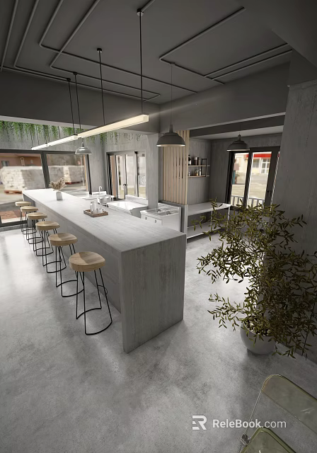 Modern Restaurant Interior Featuring Open Kitchen Long Concrete Bar Counter Stools Pendant Lights And Plants 3d model 