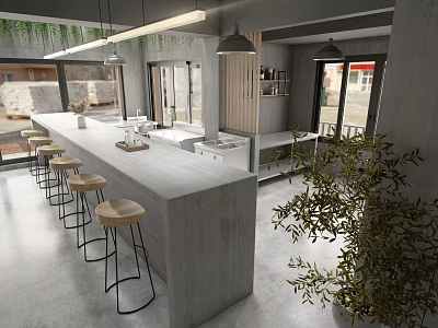 Modern Restaurant Interior Featuring Open Kitchen Long Concrete Bar Counter Stools Pendant Lights And Plants 3d model