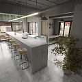 Modern Restaurant Interior Featuring Open Kitchen Long Concrete Bar Counter Stools Pendant Lights And Plants