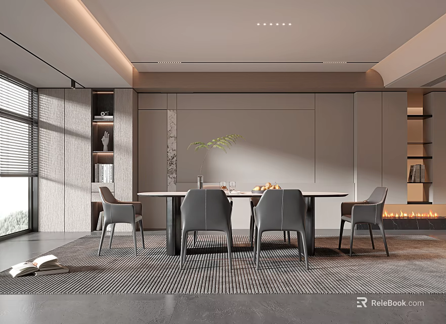 Elegant Modern Restaurant Interior With Dining Table Chairs Window And Bookshelves 3d model 