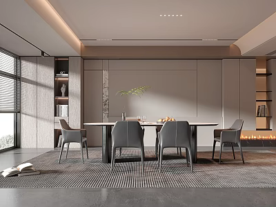Elegant Modern Restaurant Interior With Dining Table Chairs Window And Bookshelves 3d model
