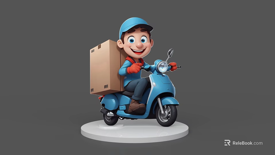 Cheerful Game And Movie Character Riding Blue Scooter With Cardboard Box 3d model 