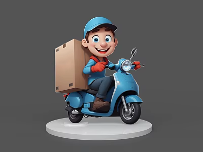 Cheerful Game And Movie Character Riding Blue Scooter With Cardboard Box 3d model