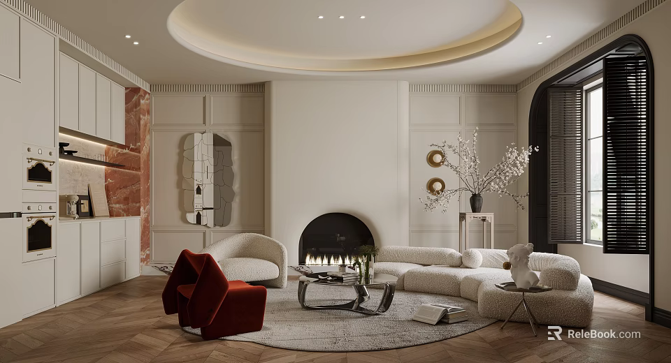 Elegant Modern Living Room Interior With Fireplace Beige Sofa Red Chair Round Rug And Decorations 3d model 