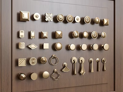 Assorted Decorative Cabinet Handles in Various Shapes and Metal Finishes on Wooden Panel 3d model