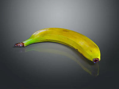 Yellow Banana with Green Stem and Dark Spots on Black Background with Reflection 3d model