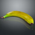 Yellow Banana with Green Stem and Dark Spots on Black Background with Reflection