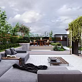 Courtyard Garden With Wooden Dining Table Chairs Green Bushes And Stone Steps