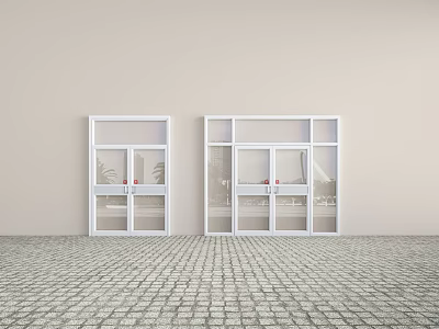 White Glass Panel Double Doors With Light Wall And Brick Floor 3d model