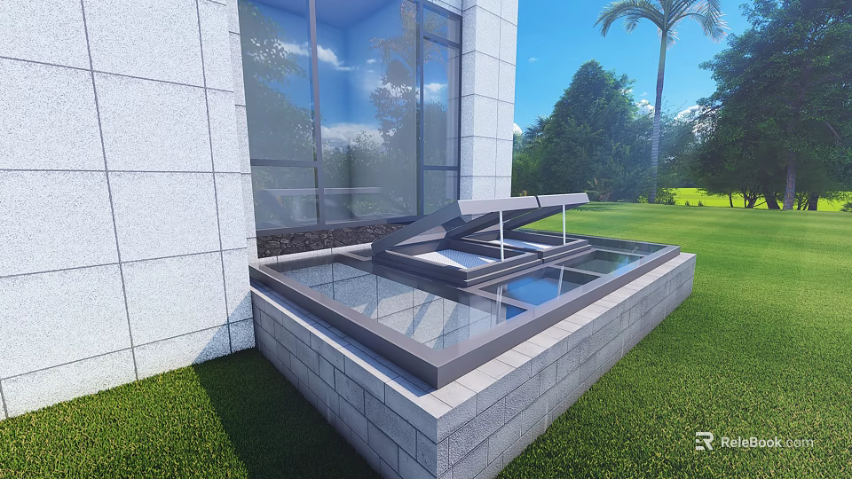 Modern Detached Villa Exterior With Glass Structure Lush Green Grass And Palm Trees 3d model 