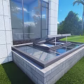 Modern Detached Villa Exterior With Glass Structure Lush Green Grass And Palm Trees