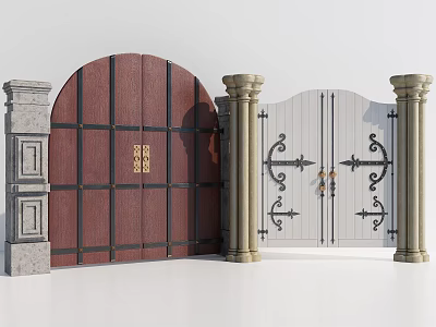Dark Red And White Gates With Black Metal Frames Wrought Iron Patterns And Stone Columns 3d model