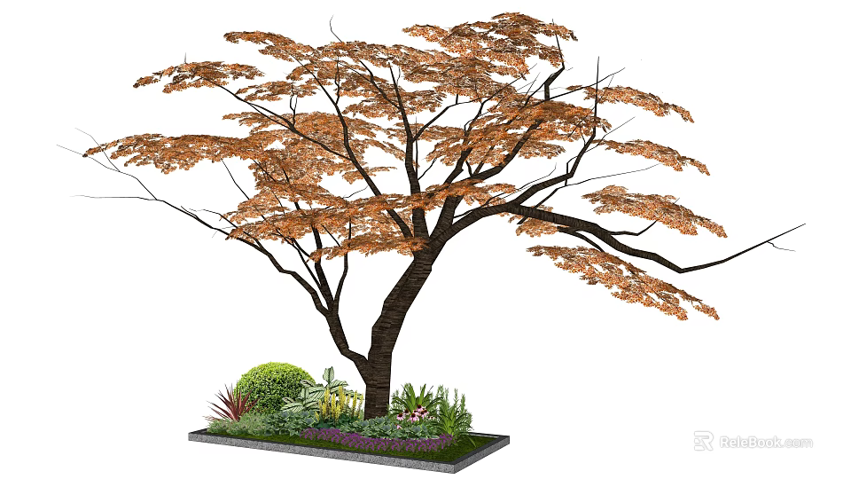 Arbor With Orange Brown Leaves Thick Trunk And Green Shrubs In Planting Bed 3d model 