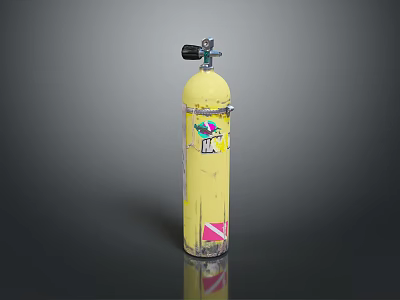 Yellow Gas Cylinder With Valve And Colorful Stickers On Dark Background 3d model