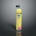 Yellow Gas Cylinder With Valve And Colorful Stickers On Dark Background