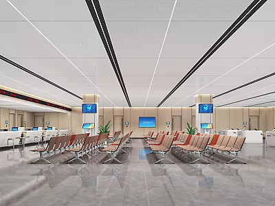 Modern Service Hall Interior With Waiting Area Orange Seats Blue Screens And Green Plants 3d model