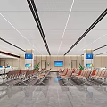 Modern Service Hall Interior With Waiting Area Orange Seats Blue Screens And Green Plants