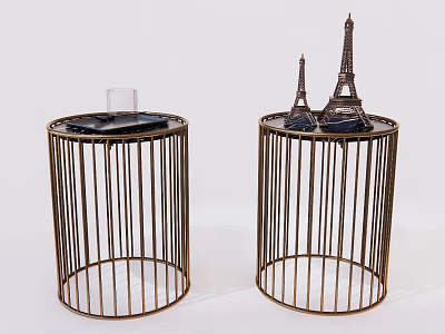Golden Metal Round Side Tables With Glass Cup Black Tray And Eiffel Tower Models 3d model