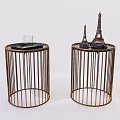 Golden Metal Round Side Tables With Glass Cup Black Tray And Eiffel Tower Models