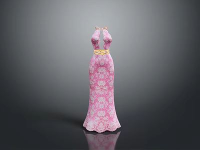 Man Showcasing Pink Lace Long Dress With Golden Belt And Elegant Design 3d model