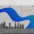Stylish Background Wall With Blue Wave City Skyline Silhouette Company Logo Green Plant And Spotlights
