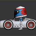 Cartoon Toy Car with White Body Large Black Wheels Red Rims and Blue Red Helmet