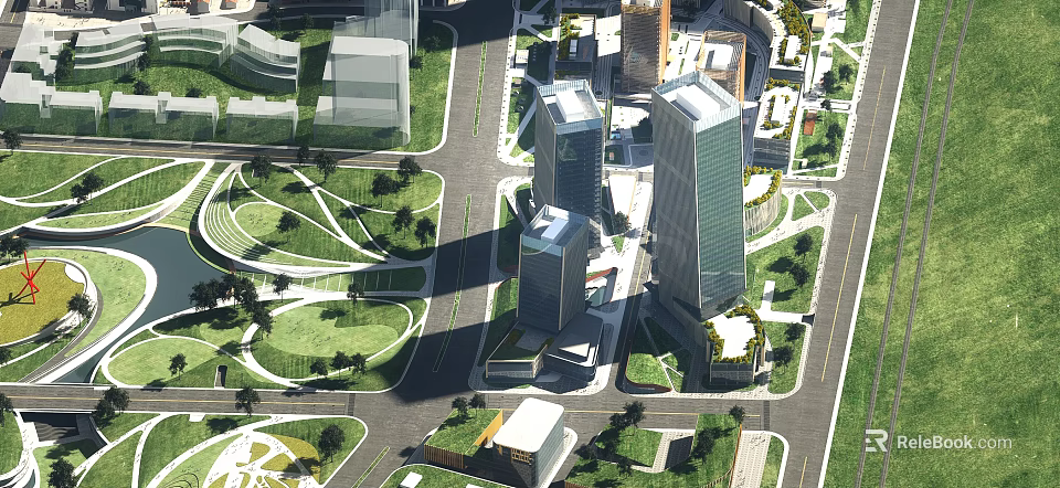 Aerial Planning of Modern Urban Landscape With High Rise Buildings Green Spaces and Road Layout 3d model 