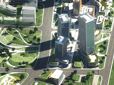 Aerial Planning of Modern Urban Landscape With High Rise Buildings Green Spaces and Road Layout 3d model