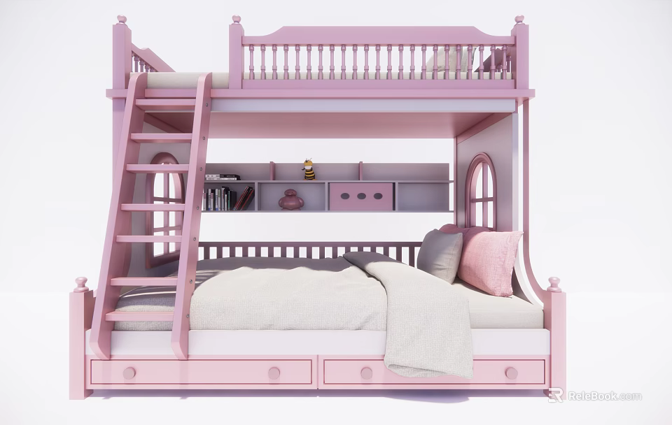 Pink Bunk Bed With Ladder Drawers Shelf And Soft Plush Pillows 3d model 