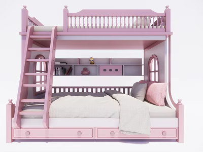 Pink Bunk Bed With Ladder Drawers Shelf And Soft Plush Pillows 3d model