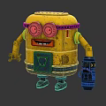 Yellow Minion Style Robot Character Wearing Blue Overalls Holding Tool 3d model