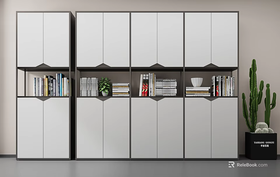Modern Bookshelf Interior Design With White Cabinets Open Shelves Books And Decorative Plants 3d model 