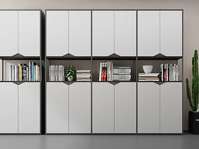 Modern Bookshelf Interior Design With White Cabinets Open Shelves Books And Decorative Plants 3d model