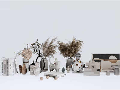 Modern Decorative Ornament Set With Pampas Grass Vases White Rabbit Figurine And Geometric Decor 3d model