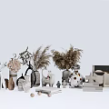 Modern Decorative Ornament Set With Pampas Grass Vases White Rabbit Figurine And Geometric Decor