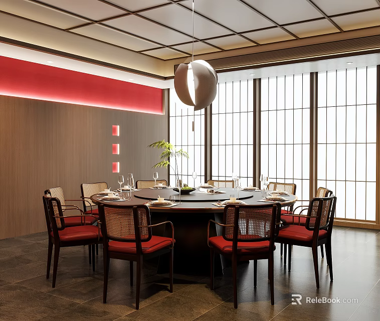 Elegant Private Dining Room With Round Table Red Chairs Pendant Light And Large Windows 3d model