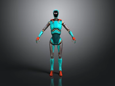Turquoise Metallic Robot 3D Model With Red Accents And Humanoid Structure 3d model