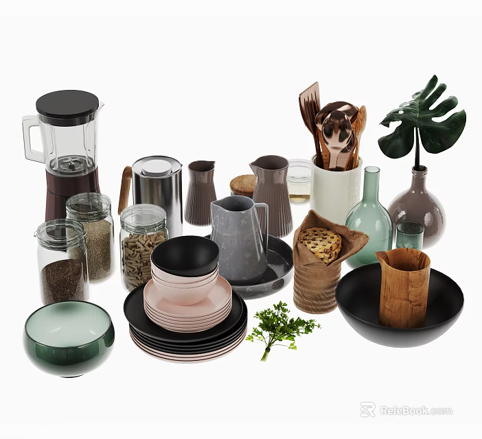 Essential Food Preparation Kitchen Tools With Coffee Maker Mugs Plates Jars And Plants 3d model 